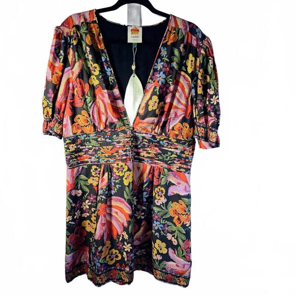 Farm Rio Dresses & Skirts - NWT FARM RIO  XL Spring Banana Floral Mini Dress Pleated V-Neck Black Boho